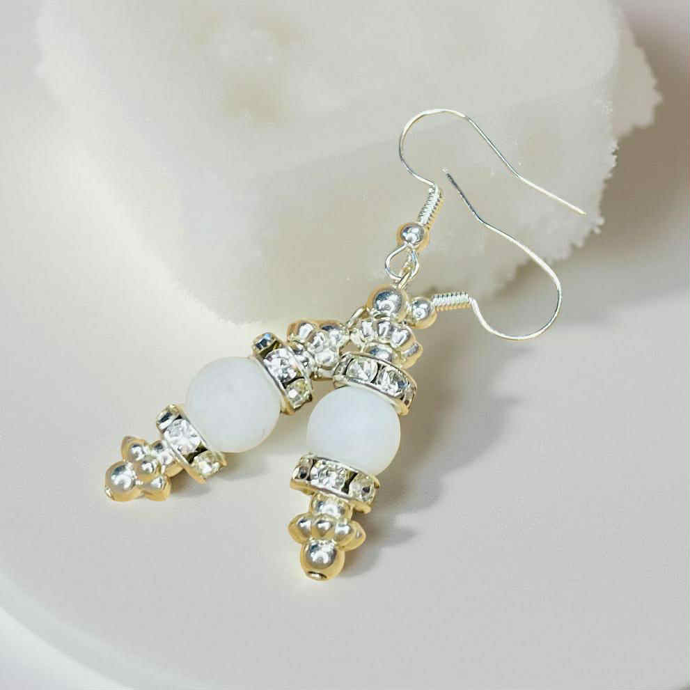 White Quartz Halo Drop Earrings — Frosted Crystal & Silver Accent Dangle Jewelry