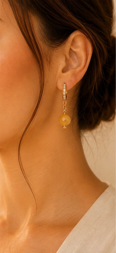 Yellow Jade Dangle Earrings | 18K Gold Plated Cubic Zirconia Earrings W/ Natural Gemstone