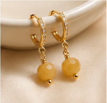 Yellow Jade Dangle Earrings | 18K Gold Plated Cubic Zirconia Earrings W/ Natural Gemstone