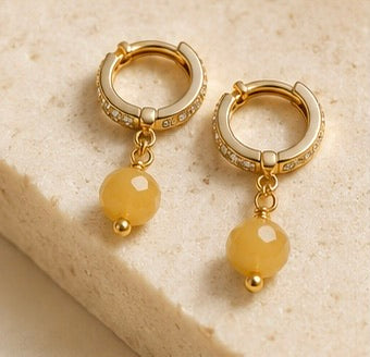 Yellow Jade Dangle Earrings | 18K Gold Plated Cubic Zirconia Earrings W/ Natural Gemstone