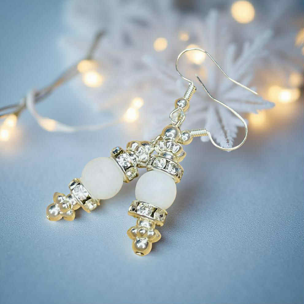 White Quartz Halo Drop Earrings — Frosted Crystal & Silver Accent Dangle Jewelry