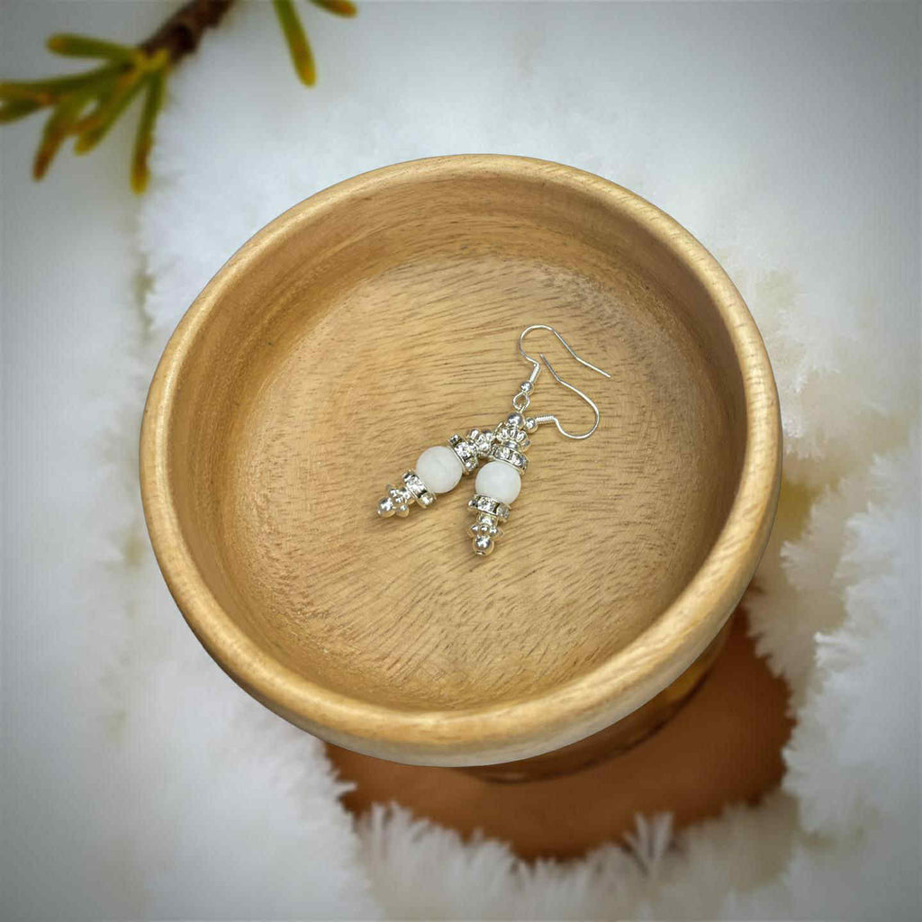 White Quartz Halo Drop Earrings — Frosted Crystal & Silver Accent Dangle Jewelry