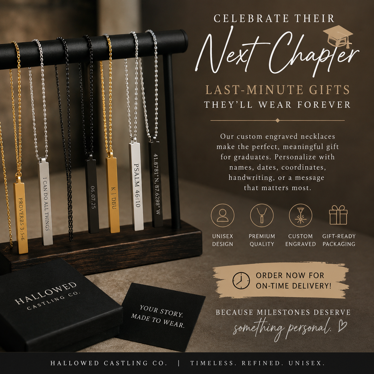 Personalized Bar Necklace for Men & Women | Custom Engraved Stainless Steel Pendant & Chain| Graduation Gift |