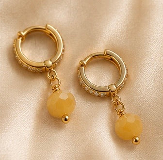 Yellow Jade Dangle Earrings | 18K Gold Plated Cubic Zirconia Earrings W/ Natural Gemstone