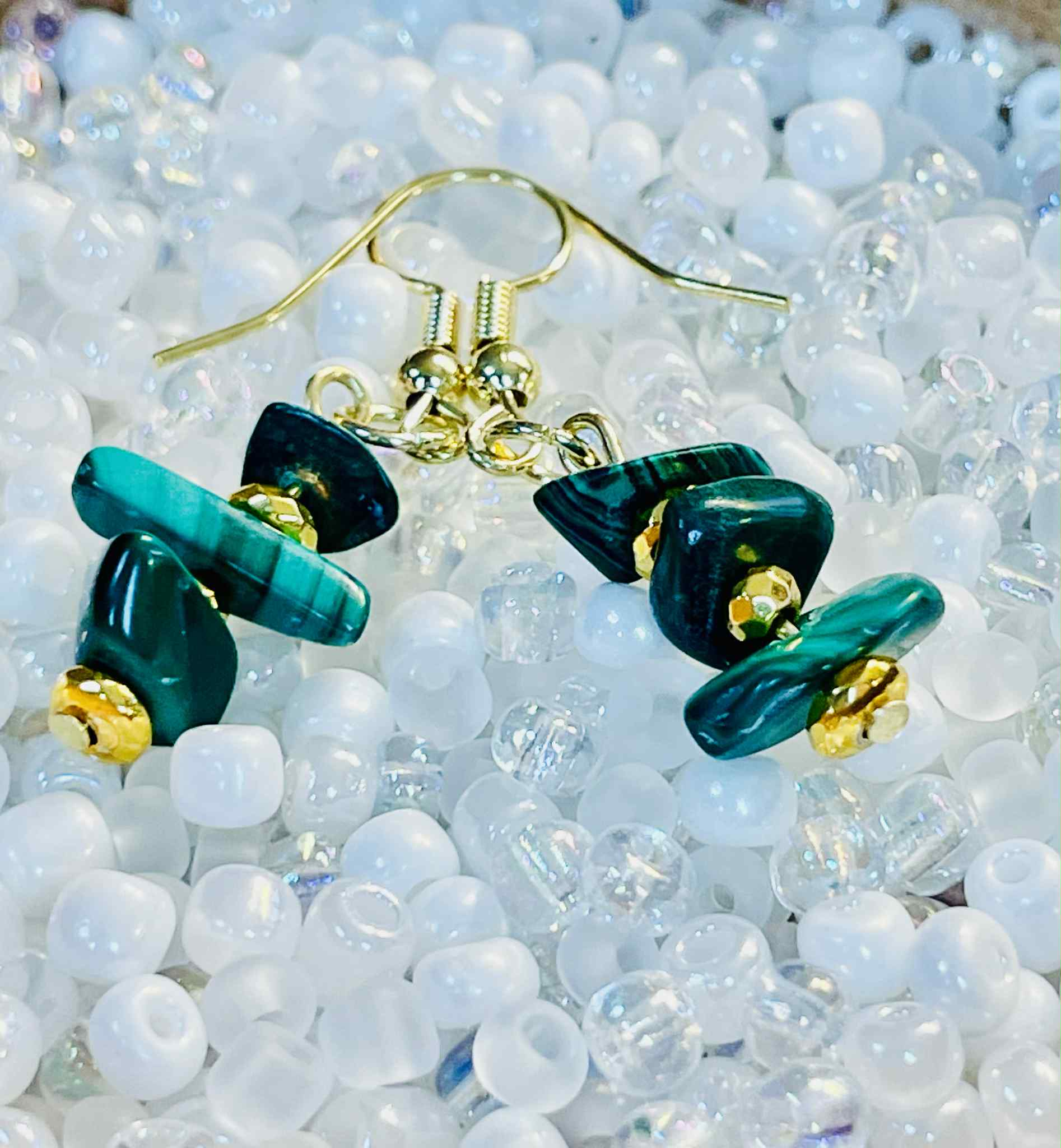 Malachite Bead Chip Dangle Earrings