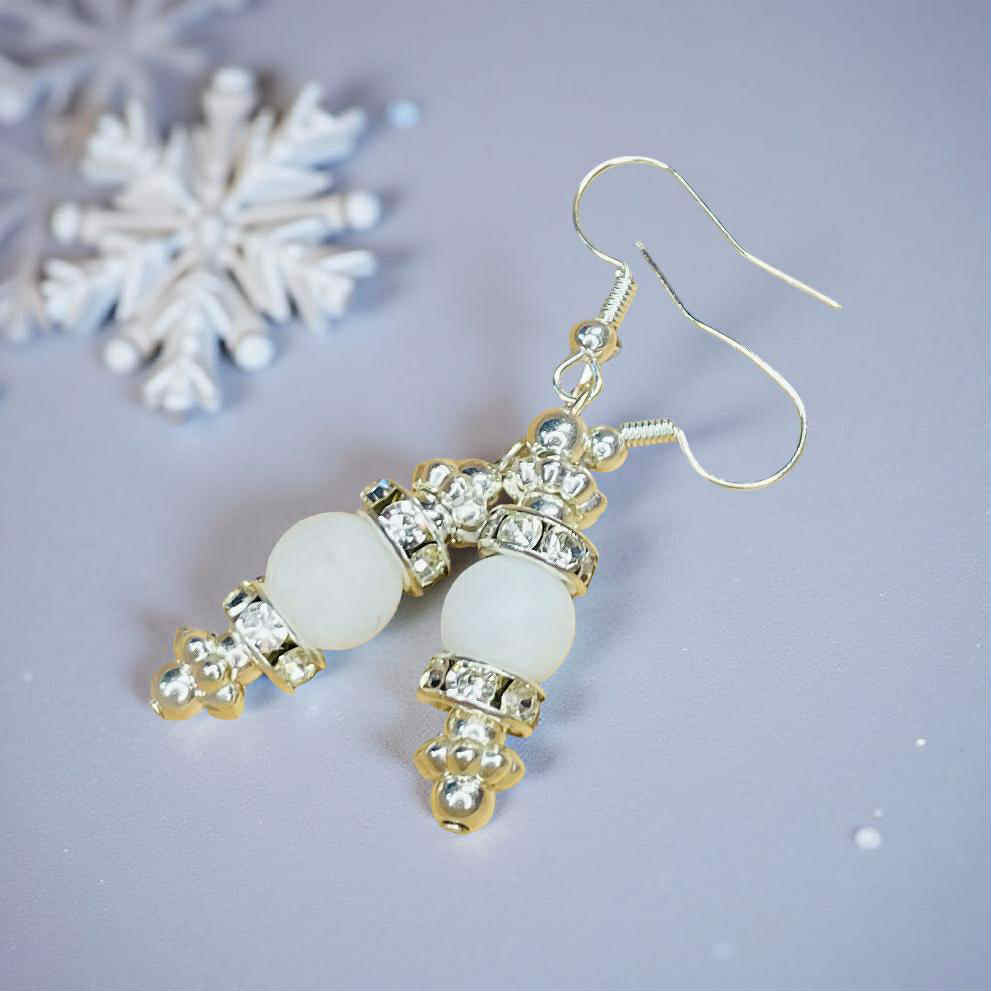 White Quartz Halo Drop Earrings — Frosted Crystal & Silver Accent Dangle Jewelry