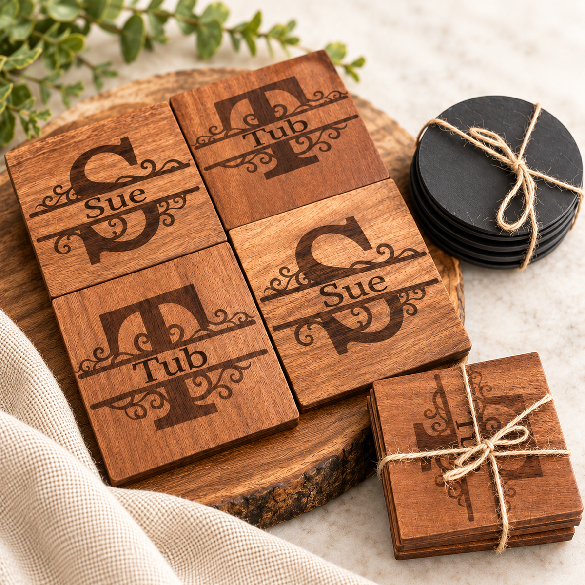 Custom Engraved Wood Coasters – Personalized Set of 4