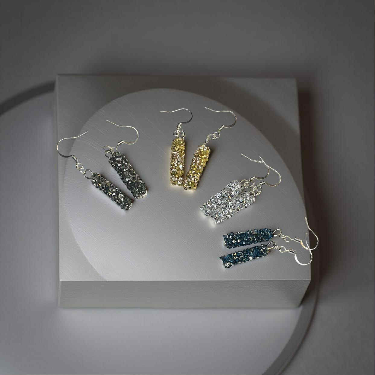 Midnight Glitter Drop Earrings — Dainty Rhinestone Tube Earrings — Lightweight Statement Jewelry