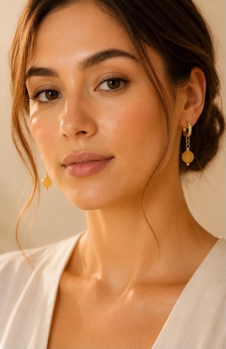 Yellow Jade Dangle Earrings | 18K Gold Plated Cubic Zirconia Earrings W/ Natural Gemstone