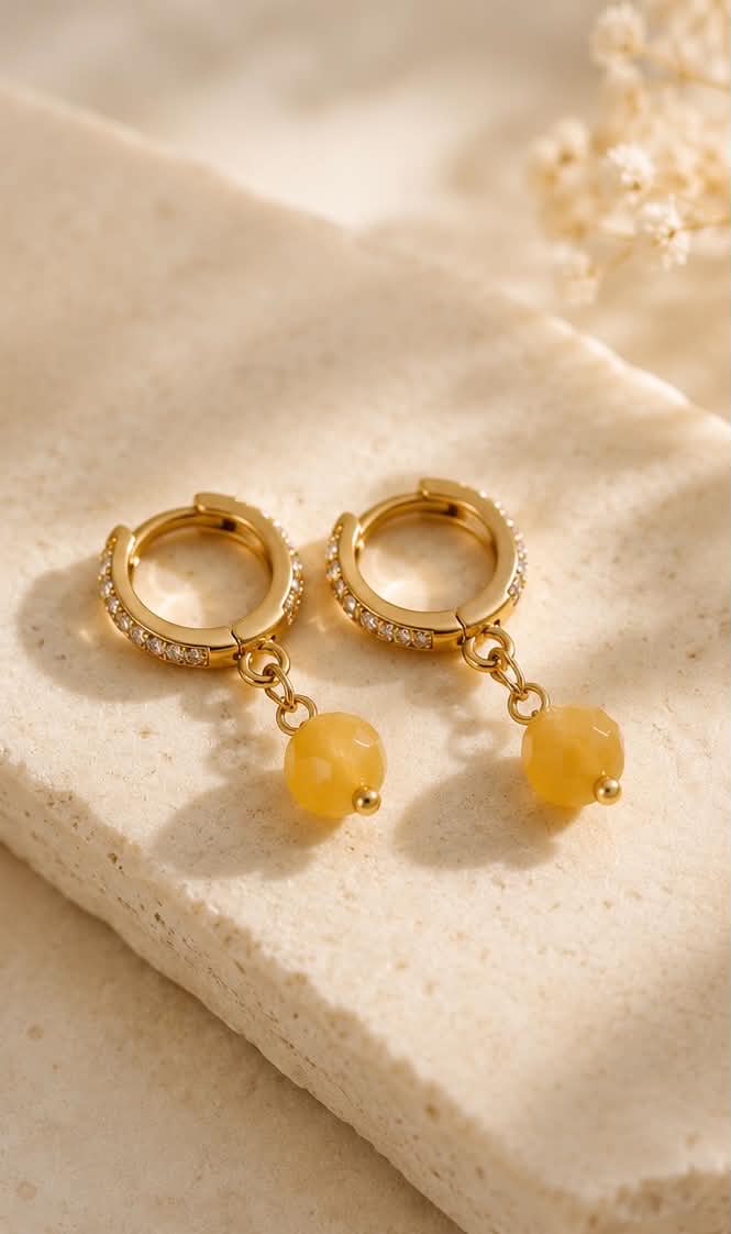 Yellow Jade Dangle Earrings | 18K Gold Plated Cubic Zirconia Earrings W/ Natural Gemstone