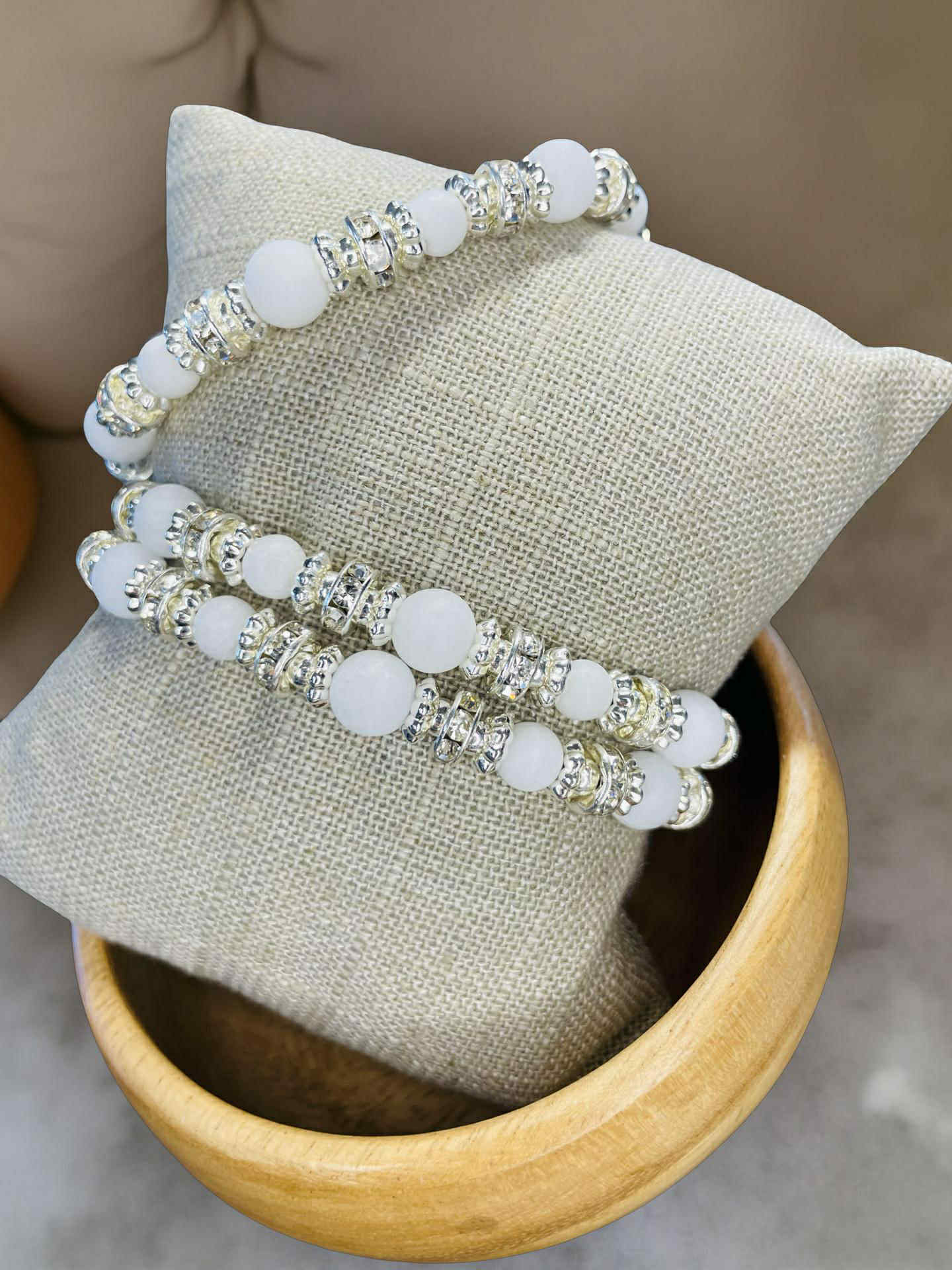 White Quartz Halo Bracelet — Frosted Crystal & Silver Accent Beaded Jewelry