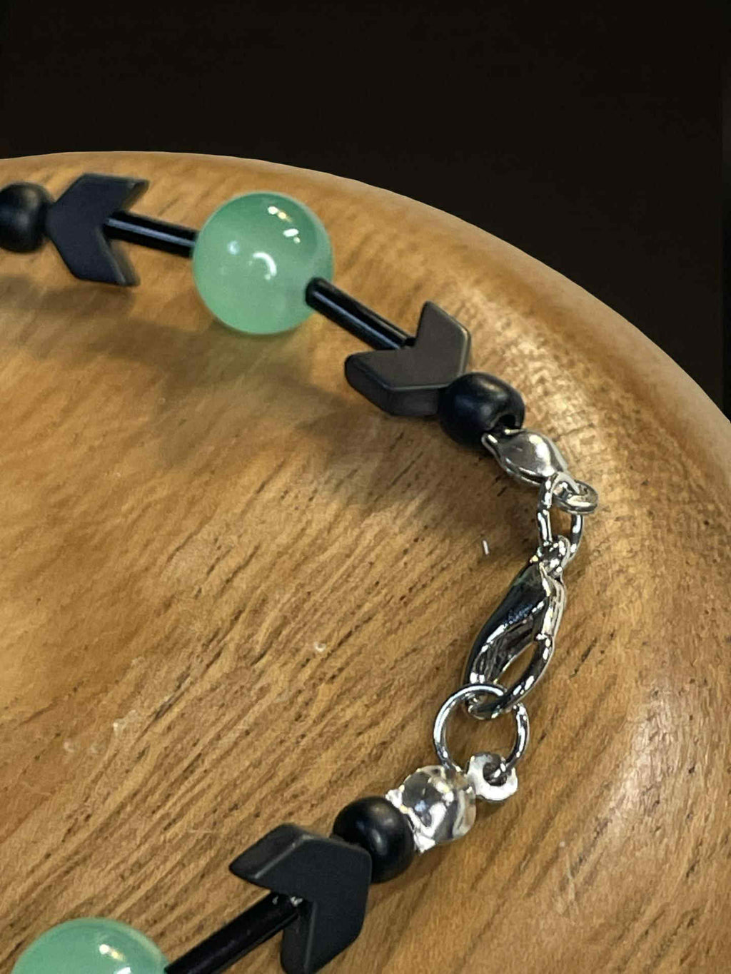 Mint Eclipse Bracelet — Mint Green Gemstone & Black Arrow Bead Statement Jewelry