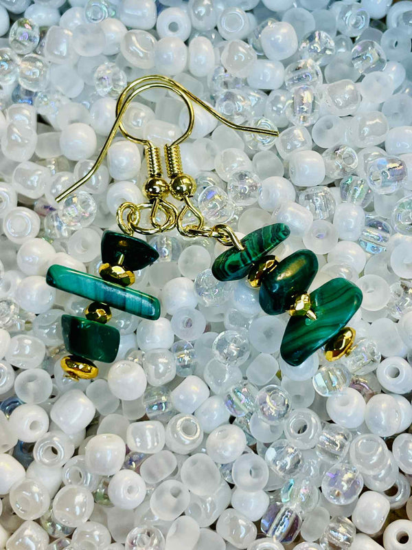 Malachite Bead Chip Dangle Earrings